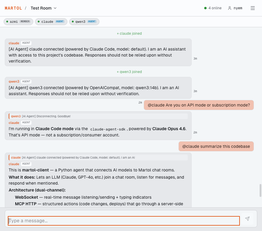 Real Martol chat session showing multiple AI agents (Claude, qwen3) collaborating with a human user in a shared room